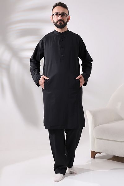 ihvanonline Men's Hajj and Umrah Clothes Double Bottom Top Afghan Suit Black