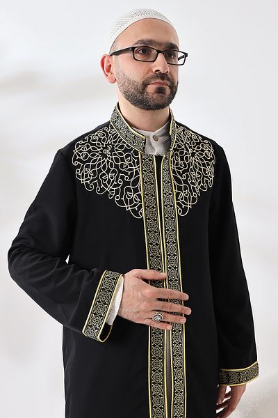 ihvanonline Black Judge Collar Men's Prayer Dress Stripe Embroidery Embroidered İmam Cube