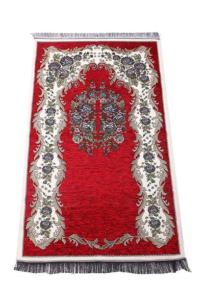 İhvan Μπορντό Luxury Rose Flower Chenille Χαλί προσευχής - 0260
