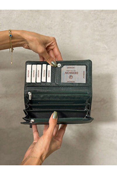 DERKON Portofel de damă din piele naturală verde cu o mulțime de ochiuri