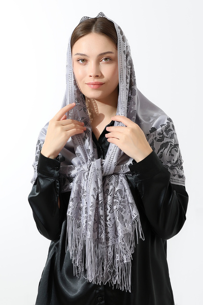 ihvan online Γκρι σάλι από τούλι - Κάλυμμα Mevlüt με φούντες