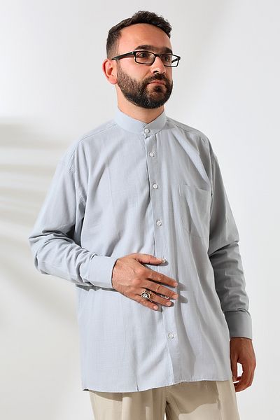 ihvanonline Ανδρικό λινό πουκάμισο σε γκρι χρώμα - Loose Fit, One Pocket, Judge Collar