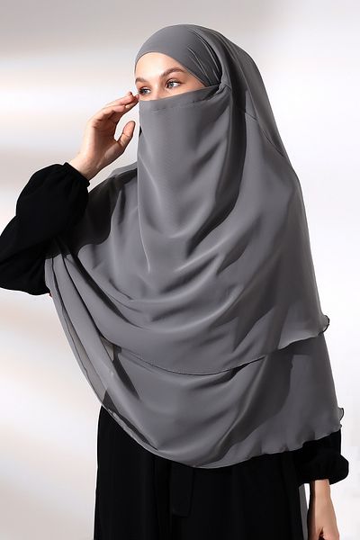 ihvanonline Gray Three Layer with Veil Short Chiffon Hijab Souffle Scarf