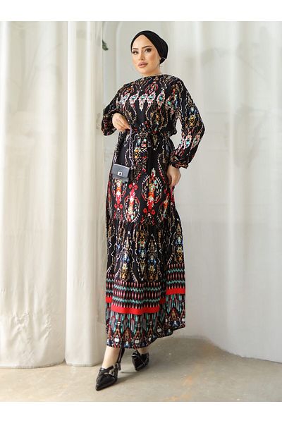 SAHRA BUTİK Black Viscose Dress - Ethnic Pattern and Belt - Sahra Butik