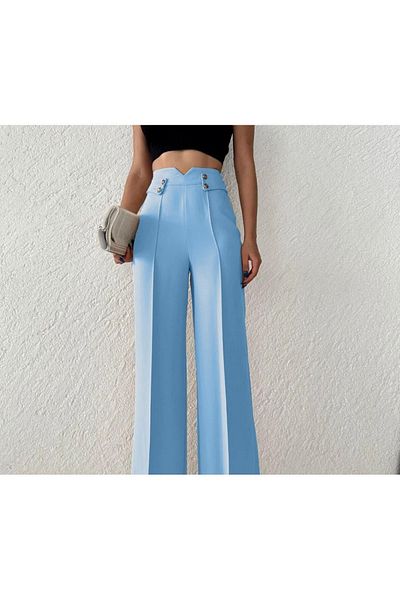 H&A İSTANBUL Women's High Waist Palazzo Button Detail Slim Fit Calip Trousers
