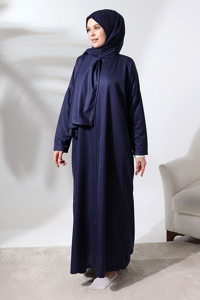 ihvanonline Γυναικείο φόρεμα προσευχής Navy Blue One Piece με φερμουάρ - Μαντίλι στο κεφάλι