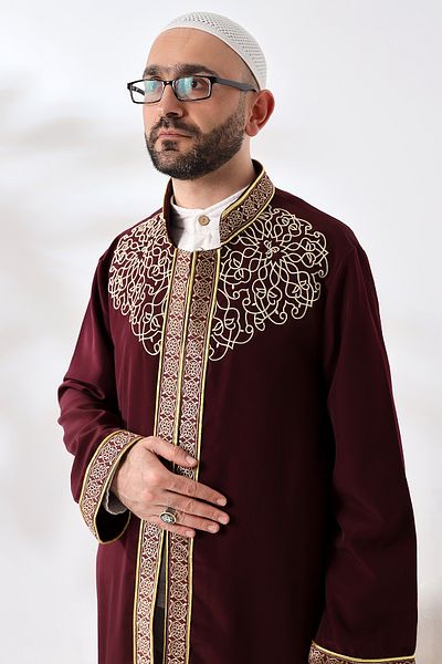 ihvanonline Burgundy Prevailing Collar Men's Prayer Dress Stripe Embroidery Embroidered İmam Cube
