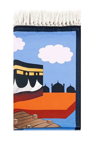 ihvanonline Digital Printed Children's Prayer Rug - Blue Color with Kayaklı Kabeli - 44 X 78 Cm