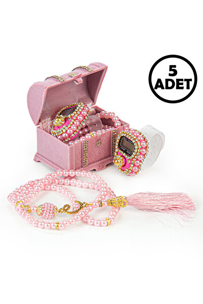 ihvan online مجموعة مسبحة صلاة ولؤلؤ وزكريماتيك في صندوق تخزين مكون من 5 قطع هدية مولود باللون الوردي