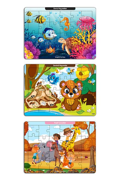 kutuTR 🧩   3-Piece Wooden Puzzle Set - Cute Animals, Sea World and Explorer Kids 🌿   Set 3