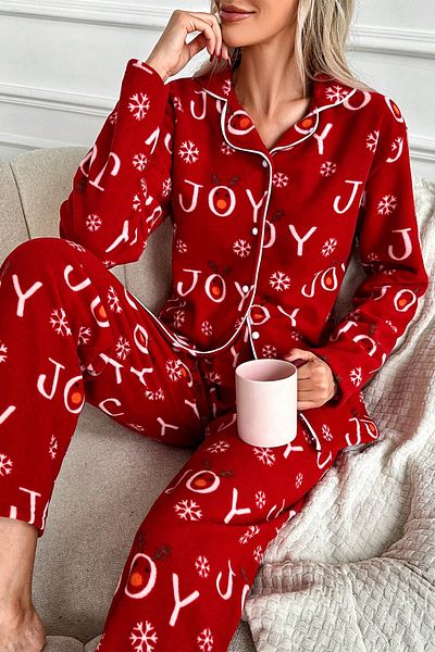 nisaNCa Winter New Year Patterned Women's Shirt Fleece Pajama Set - Deer Christmas Pajamas