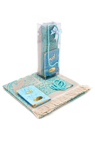 ihvanonline Blue Velvet Yasin Book - Pocket Size, Prayer Rug and Prayer Beads and Mawlid Gift with Transparent Box