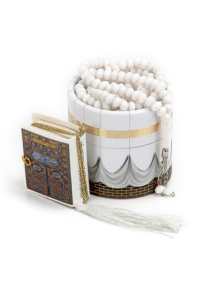 ihvan online Set de mărgele de rugăciune albe cu mini Coran Cylinder Kaaba Boxed
