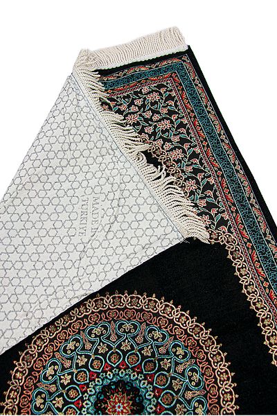 ihvanonline Black Traditional Motif Knitted Fringed Axed Lined Chenille Prayer Rug