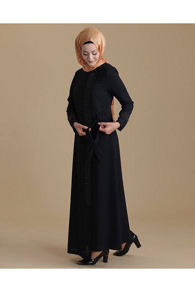 derin store Ferace hijab negru cu croială dublu - Fermoar interior și detaliu din piatră de cristal