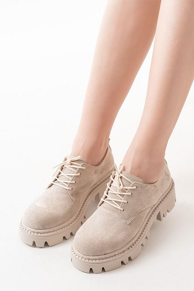 Aymood 868-754 piele intoarsa bej - mocasini casual cu siret cu talpa inalta