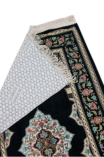 ihvanonline Black Floral Motif Lined Chenille Prayer Rug with Axis