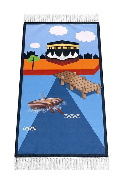 ihvanonline Digital Printed Children's Prayer Rug - Blue Color with Kayaklı Kabeli - 44 X 78 Cm