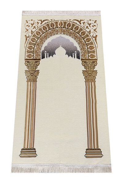 İhvan Crown Mahal Patterned Chenille Prayer Rug - Cream Color