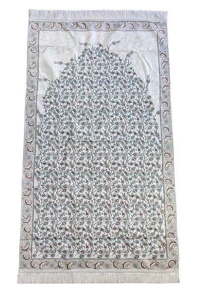 ihvanonline Tulip Embroidered Prayer Rug with Silk Texture Carrying Bag - Cream
