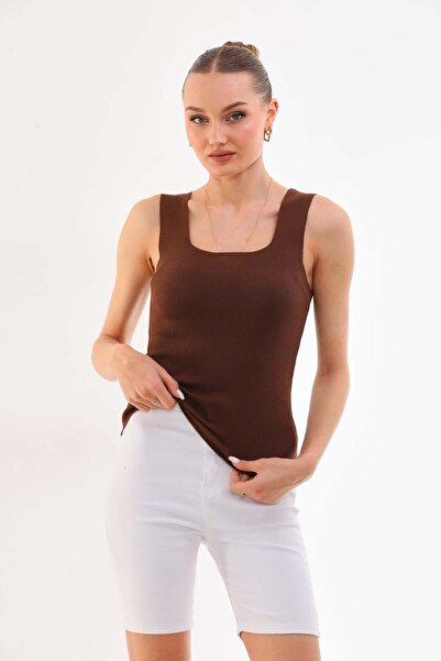 OnMODA Women's Brown Sleeveless Blouse Thick Strap Athlete Slim Summer Square Collar Knitwear Kare1010
