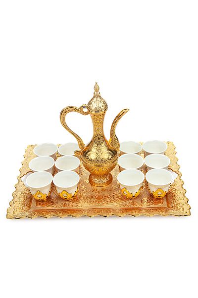 ihvanonline 12 Person Porcelain Cup with Jug - Gold Color