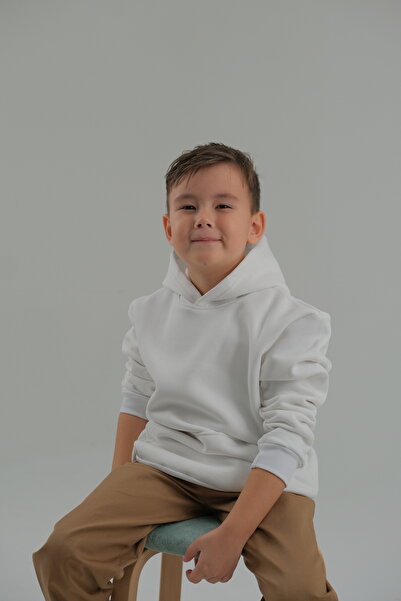 CALEMORE Hanorac alb unisex pentru copii cu glugă și buzunare