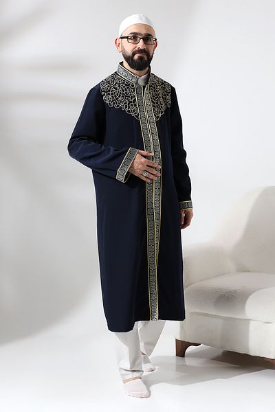 ihvanonline Navy Blue Judge Collar Men's Prayer Dress Stripe Embroidery Embroidered İmam Cube