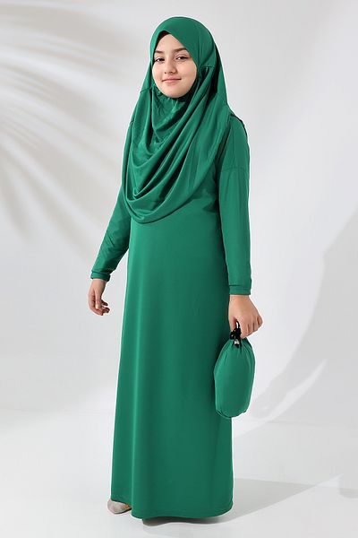 ihvanonline One Piece Practical Children's Prayer Dress with Headscarf Green