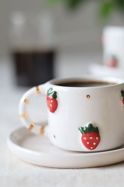 ada mia seramik 24K Gold Decorated Strawberry Figured Ceramic Cup Set - Handmade Set of 2, 120ml