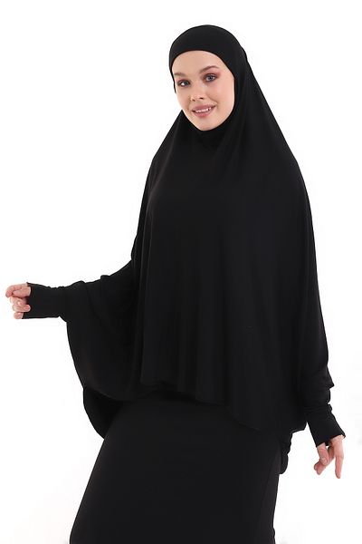 ihvanonline Πρακτικό Hijab Μαύρο Χτενισμένο Βαμβακερό Φουλάρι Sultanbaş με μανίκια