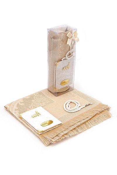ihvanonline Pocket Size Velvet Yasin Book - Prayer Rug - Prayer Beads and Transparent Boxed Mawlid Gift - Cream