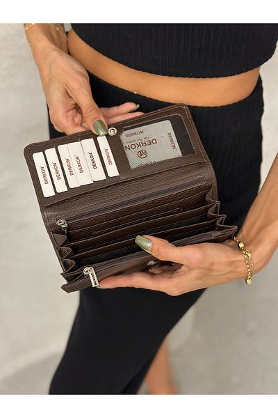 DERKON Brown Women's Wallet with Plenty of Eyes Genuine Leather