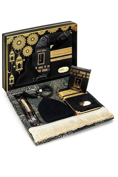 İhvan velvet Colored Dowry Chenille Prayer Rug Set - Religious Gift, Miswac and Pearl Prayer Beads Special Set