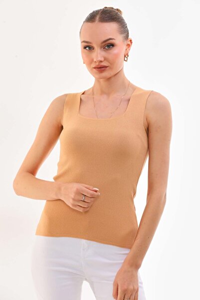 OnMODA Women's Beige Sleeveless Blouse Thick Strap Athlete Slim Summer Square Collar Knitwear Kare1010