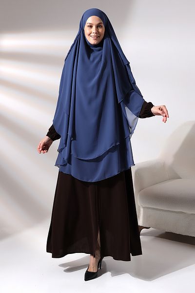 ihvanonline Eșarfă albastră, cu trei straturi, din șifon, cu voal, Hijab Souffle