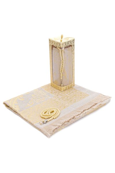 İhvan Special Gift Boxed Prayer Rug with Prayer Beads Set Cream