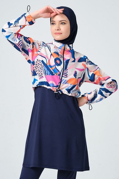 ALFASA Πορτοκαλί μοτίβο Crop Hijab μαγιό - Full Covered 23260-23