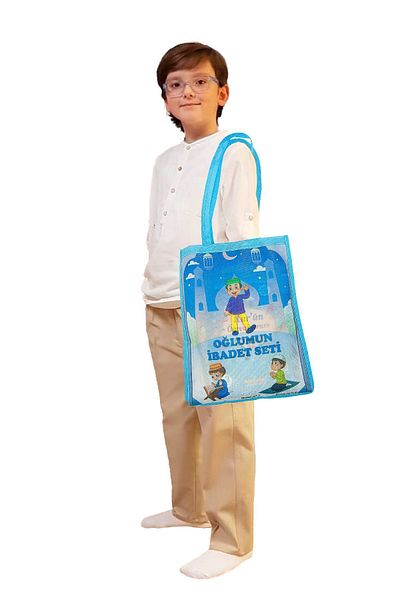 ihvanonline Blue Children's Worship Set - Quran Course Elif Ba Book, Prayer Rug with Bag