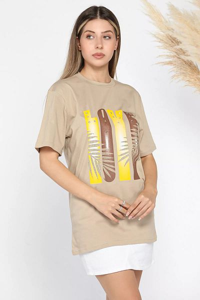 GÜLSELİ Γυναικείο T-Shirt Beige Stone Detailed Love Printed - Crew Neck