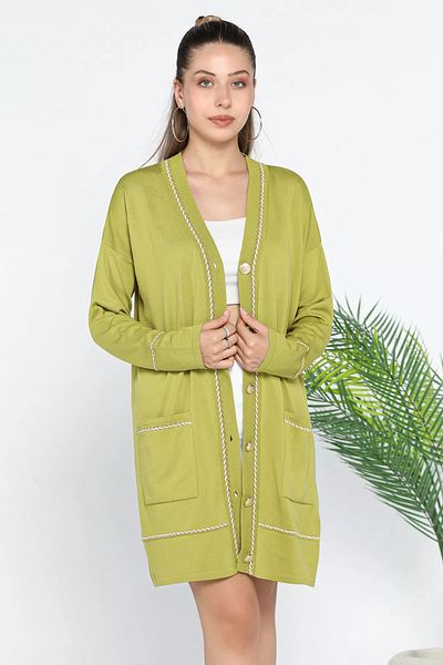 GÜLSELİ Knitwear Cardigan - Oil Green with Pockets and Button Detail