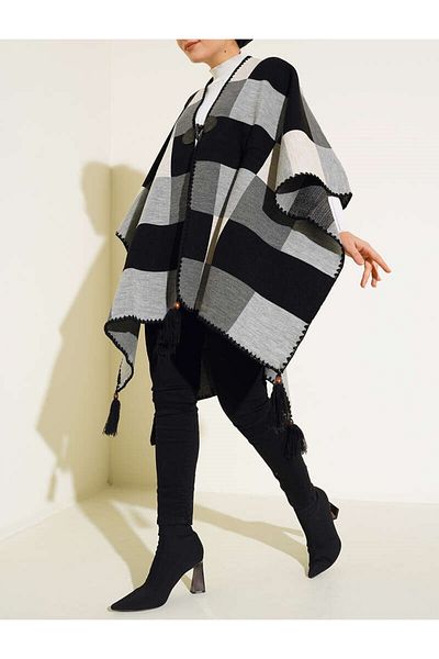 Lavanta Tekstil Gray Plaid Patterned Knitwear Poncho