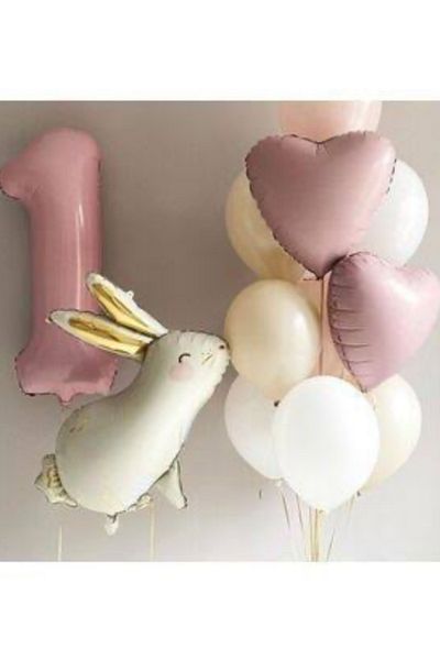 Çemrek Süs Parti Pink 1 Year Old Rabbit Foil Balloon Set of 10