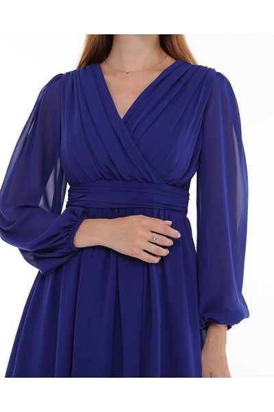 Asees Chiffon Evening Dress with Double Breasted Collar and Gather Detail - for Women's Graduation