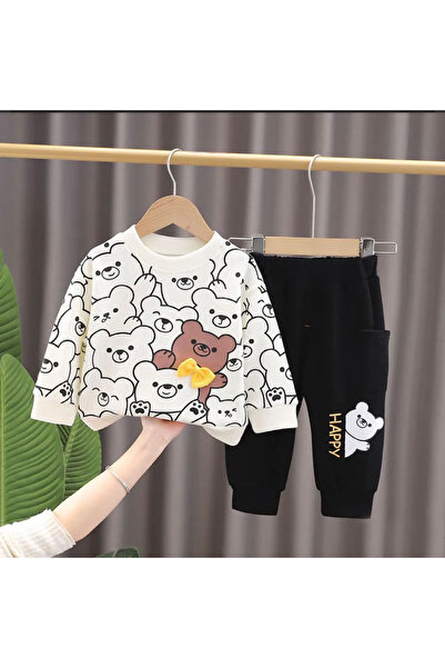 Bubito Happy Bear Visual Bow Tie Combed Cotton 2-Piece Bottom and Top Set-white