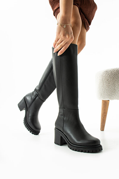 Gökçe Shoes Clair Siyah Diz altı Günlük Kullanım Topuklu Kadın Çizme