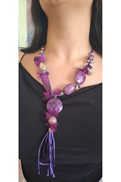 azra takı tasarım Purple Ethnic Women's Necklace - Handmade Short Authentic