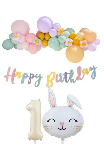 Çemrek Süs Parti 1 Year Old Macaron Balloon Set 63 Pieces with Rabbit Foil Balloon