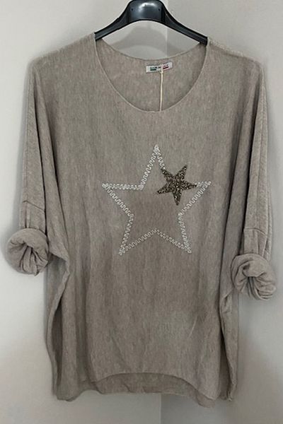 AYASOFYA OTANTIK Γυναικεία Πλεκτή Μπλούζα Ιταλική Μπεζ Stone Star με λεπτομέρεια με μανίκια νυχτερίδας