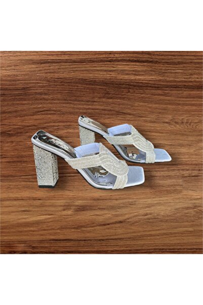 İpek Γυναικείες παντόφλες με τακούνι από μεταξωτό ασημί πέτρα